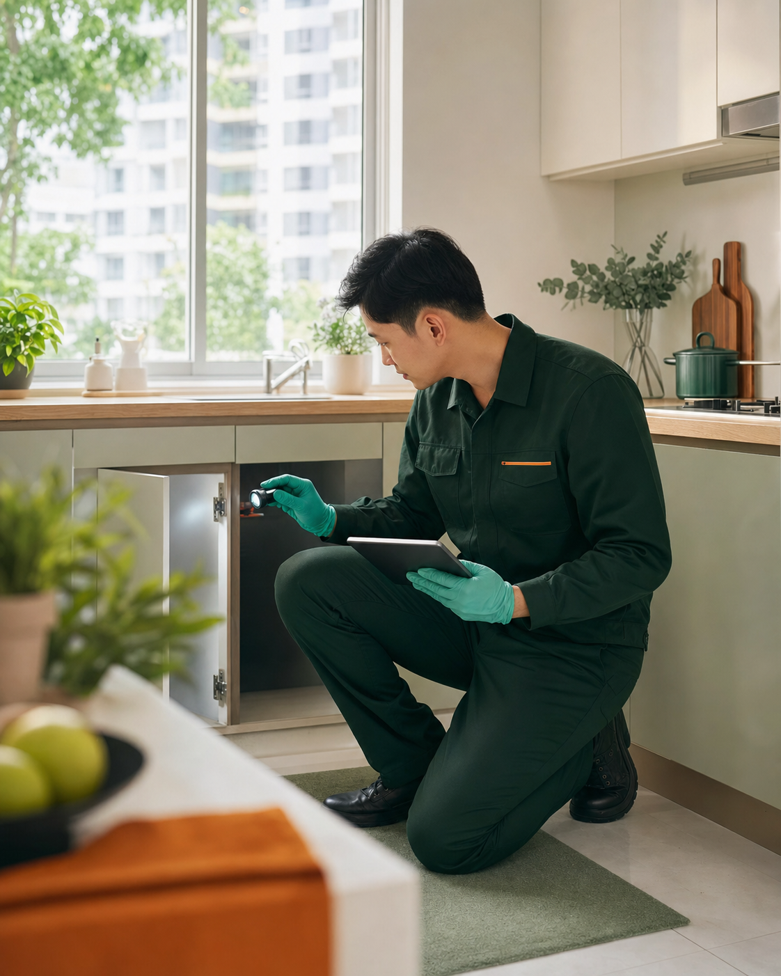 Hearthguard technician inspecting a clean apartment kitchen