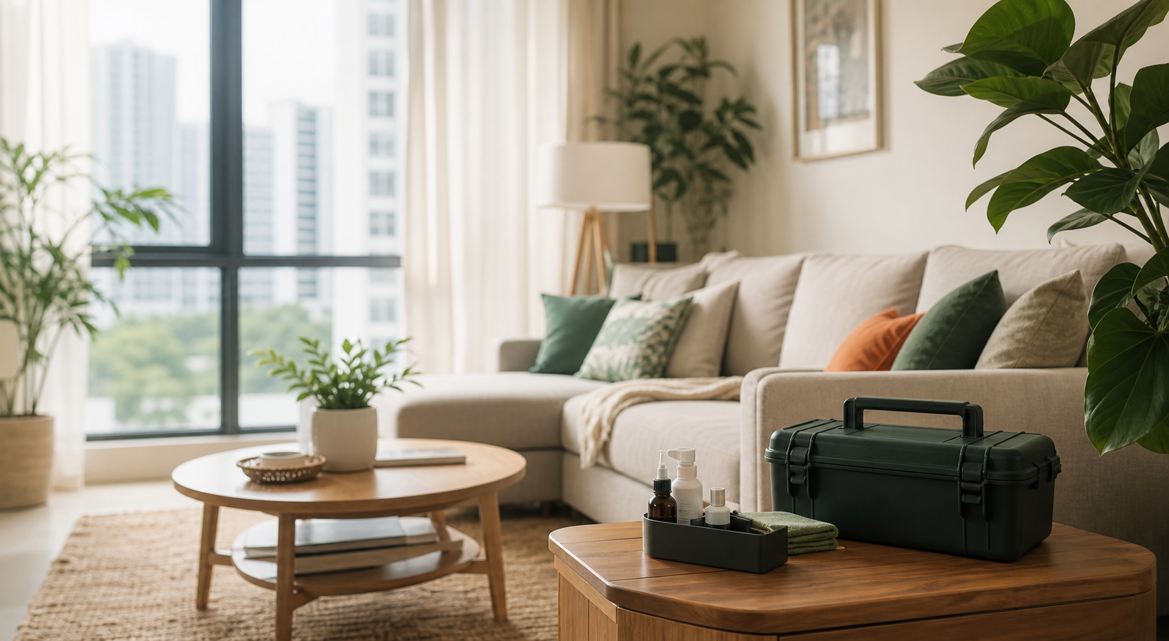 Calm apartment living room after a family-safe pest control visit